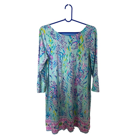 Lilly Pulitzer Blue Pink Green‎ Floral V-Neck Tunic Dress Cover Up Size L - Picture 2 of 3
